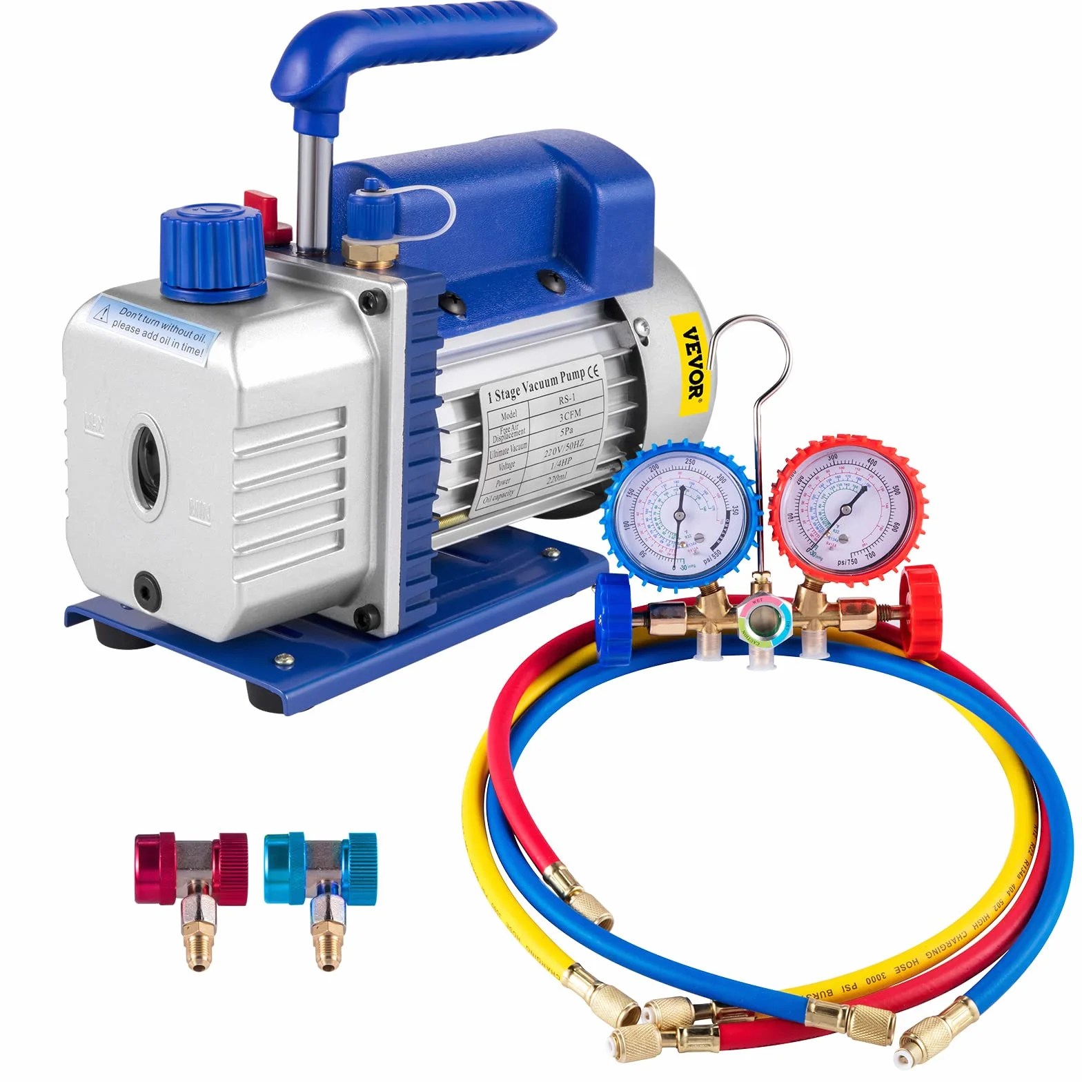 VEVOR 3CFM einstufige Vakuumpumpe 1/4HP 2-Wege 220V mit Manometer für Kältemittel R12 R134a R22 R410a